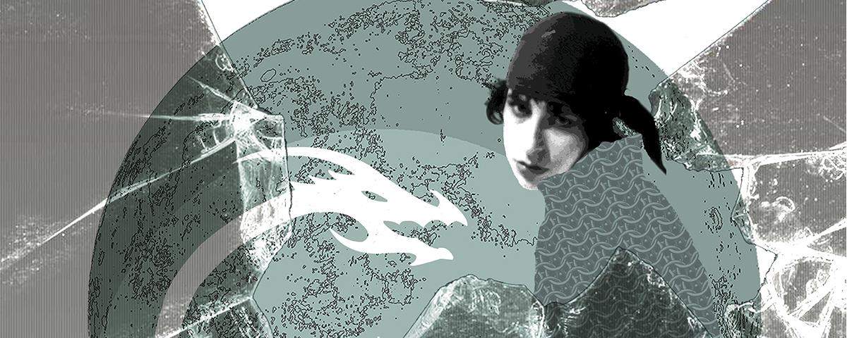 Lotrzyca, grafika, kobieta ze sztyletem i smok